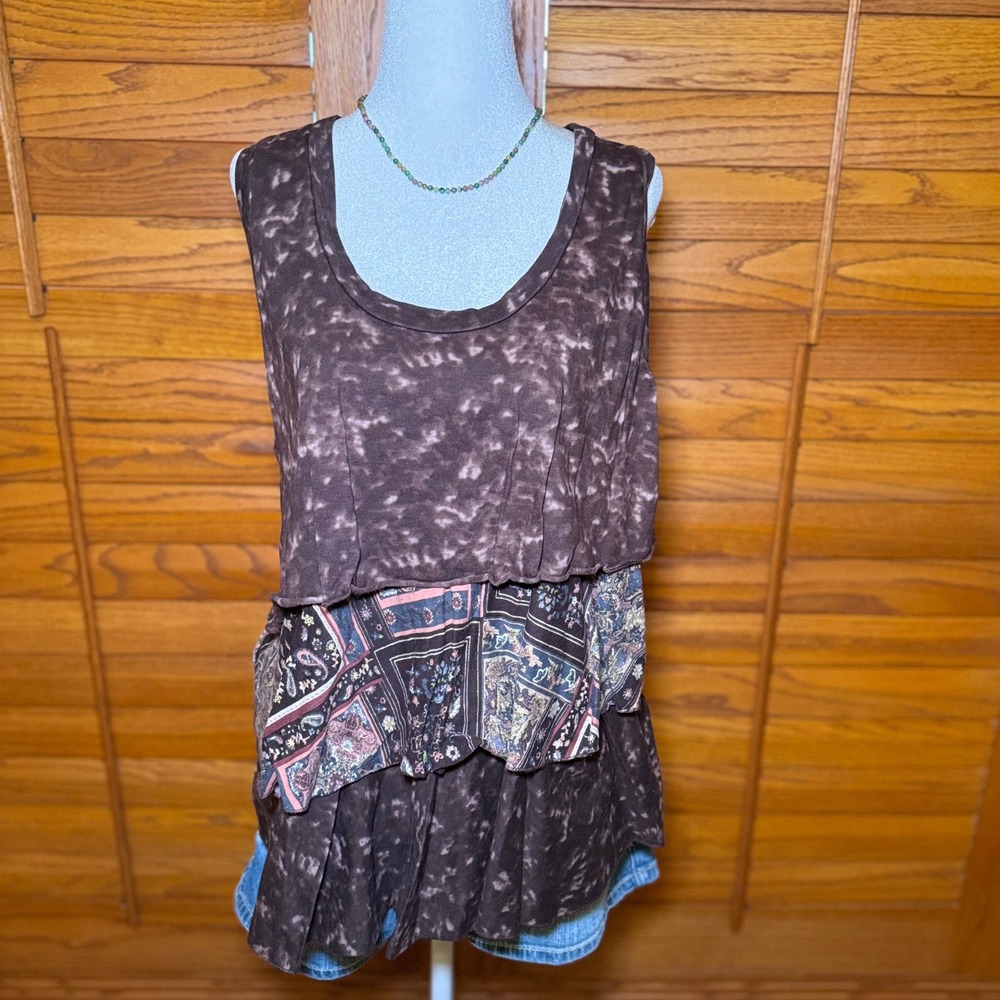 Take Two Clothing Co Womens Brown Acid Wash Paisley Tiered Ruffle Tank Top Large